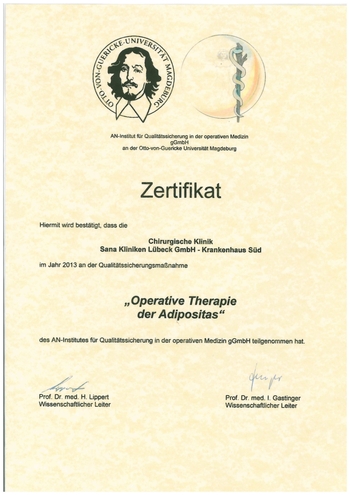 Zertifikat Qualitätssicherung "Operative Therapie Adipositaschirurgie" 2013