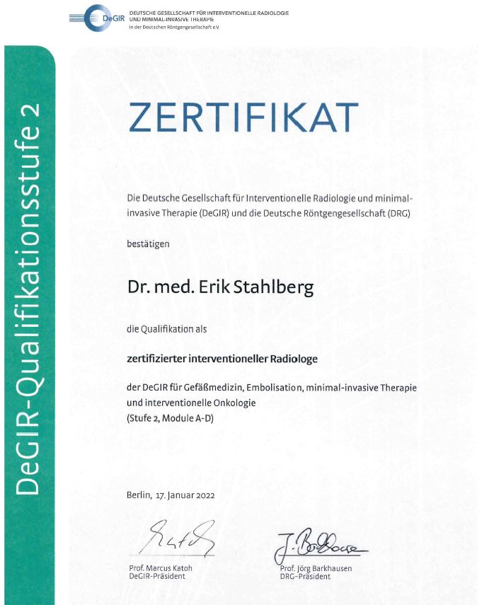 Dr. Stahlbergs Zertifikat der DeGIR für die Module A-D