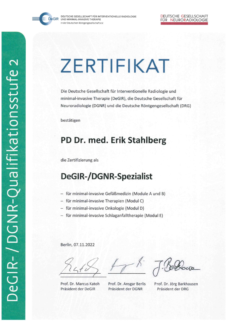 Dr. Stahlbergs Zertifikat der DeGIR für die Module A-E