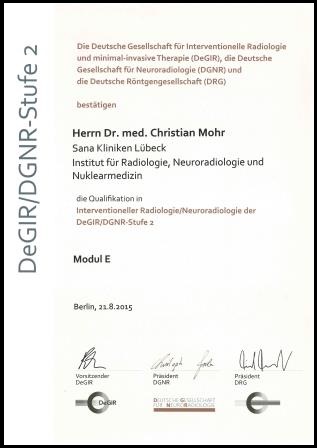 Zertifikat der Stufe 2-Qualifikation zur interventionellen Radiologie/ Neuroradiologie der DeGIR/DGNR/DRG
