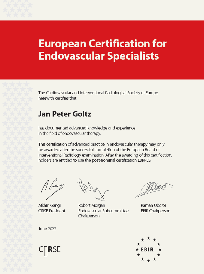 Zertifikat der Cardiovascular and Interventional Radiological Society of Europe (CIRSE)