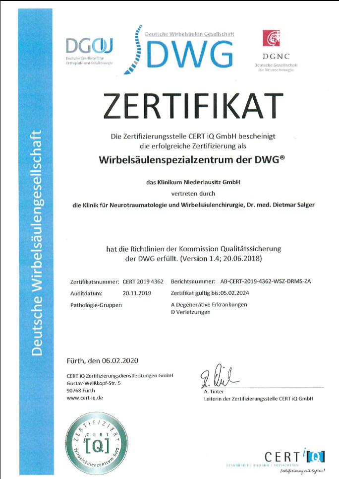 Zertifikat Wirbelsäulenspezialzentrum 2020