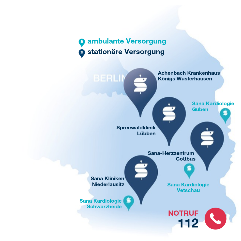 Eine Karte von Südbrandenburg zeigt die Krankenhausstandorte und ambulanten Praxen der Sana Kliniken, in denen kardiologische Patienten versorgt werden.