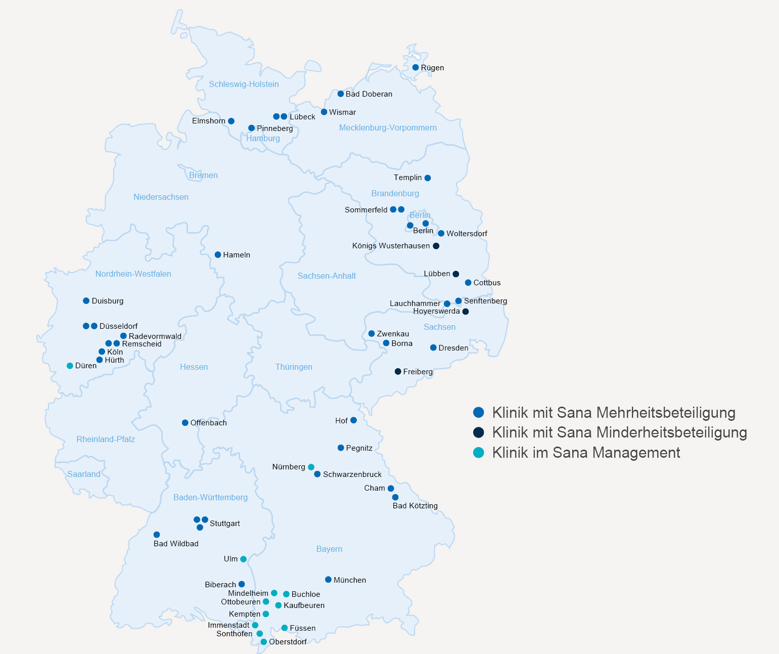 Landkarte mit Standorten der Sana Kliniken