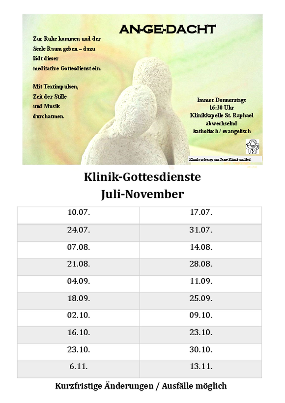 PDF-Dokument das die Termine der Gottesdienste in der Klinikkapelle für das zweite Halbjahr 2025 enthält.