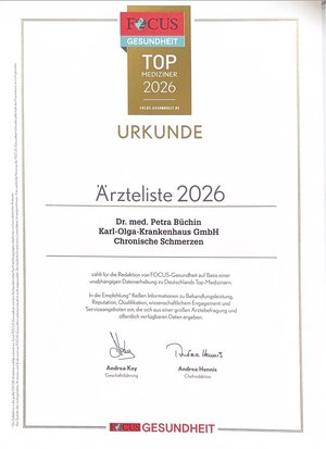 Urkunde Focus Ärzteliste Chronische Schmerzen 2026 Dr. Petra Büchin