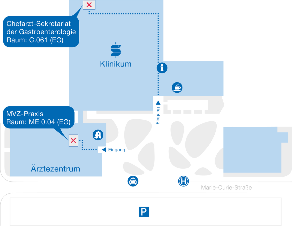 Übersichtsplan mit markierten Anlaufstellen im Ärztezentrum und Sana Klinikum Landkreis Biberach zur gastroenterologischen Praxis Biberach