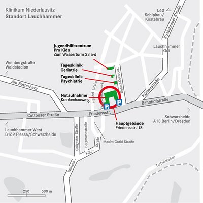 Anfahrtskarte für das Klinikum in Lauchhammer