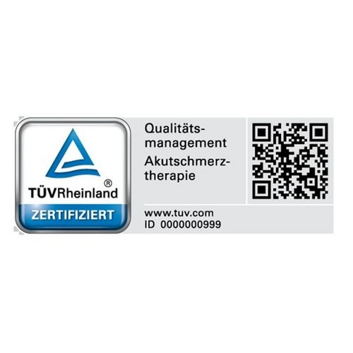 Логотип сертификата Управления качеством TÜV в области терапии острой боли для клиники Sana Мюнхен