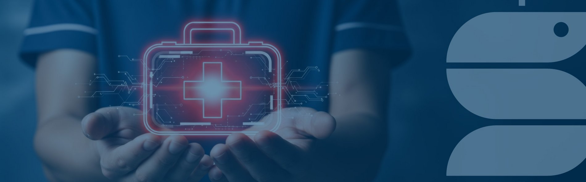 Medizinische Fachkraft hält digitalen Erste-Hilfe-Koffer mit leuchtendem Kreuzsymbol in den Händen, Symbol für moderne Gesundheitsversorgung.