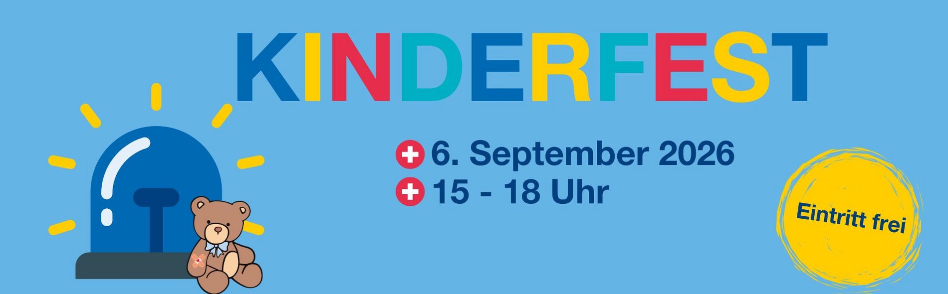 Ein blaues Banner mit einem Blaulicht und einem Teddy als Hinweis auf das Kinderfest der Kinderklinik in Lauchhammer im Jahr 2026.. Die Aufschrift lautet: Kinderfest. 6. September 2026. 15 - 18 Uhr. Eintritt frei.