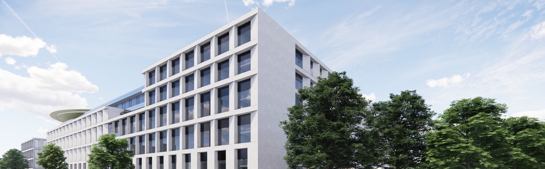 Visualisierung des Neubaus des Herzzentrums Dresden. Zusehen ist ein modernes, eckiges Klinikgebäude mit großen Fenstern. Es steht unter einem strahlend blauen Himmel. Menschen gehen die von üppig grünen Bäumen gesäumte Straße entlang und vermitteln ein lebendiges Stadtbild.