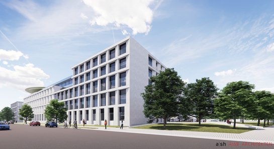 Visualisierung des Neubaus des Herzzentrums Dresden. Zusehen ist ein modernes, eckiges Klinikgebäude mit großen Fenstern. Es steht unter einem strahlend blauen Himmel. Menschen gehen die von üppig grünen Bäumen gesäumte Straße entlang und vermitteln ein lebendiges Stadtbild.