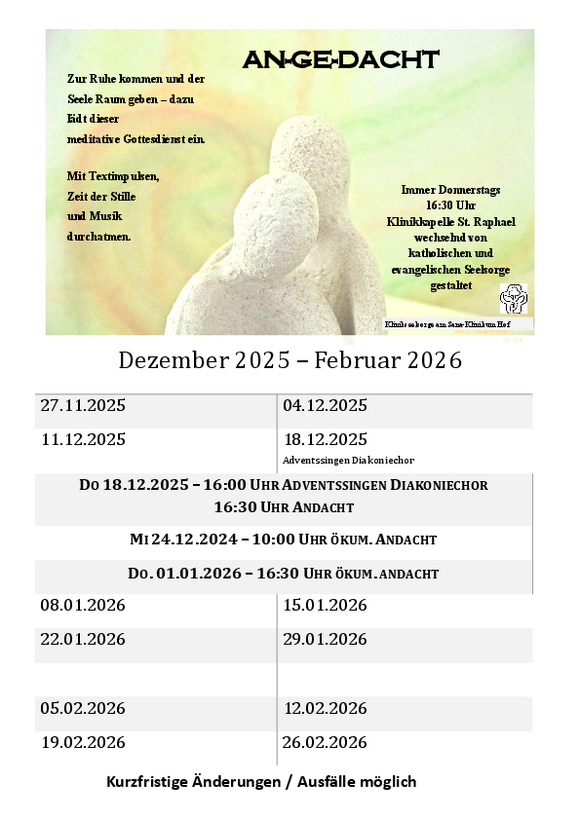 Gottesdienste - Angedacht 2025/2026 PDF-Dokument das die Termine der Gottesdienste in der Klinikkapelle für Ende 2025, Anfang 2026 enthält.