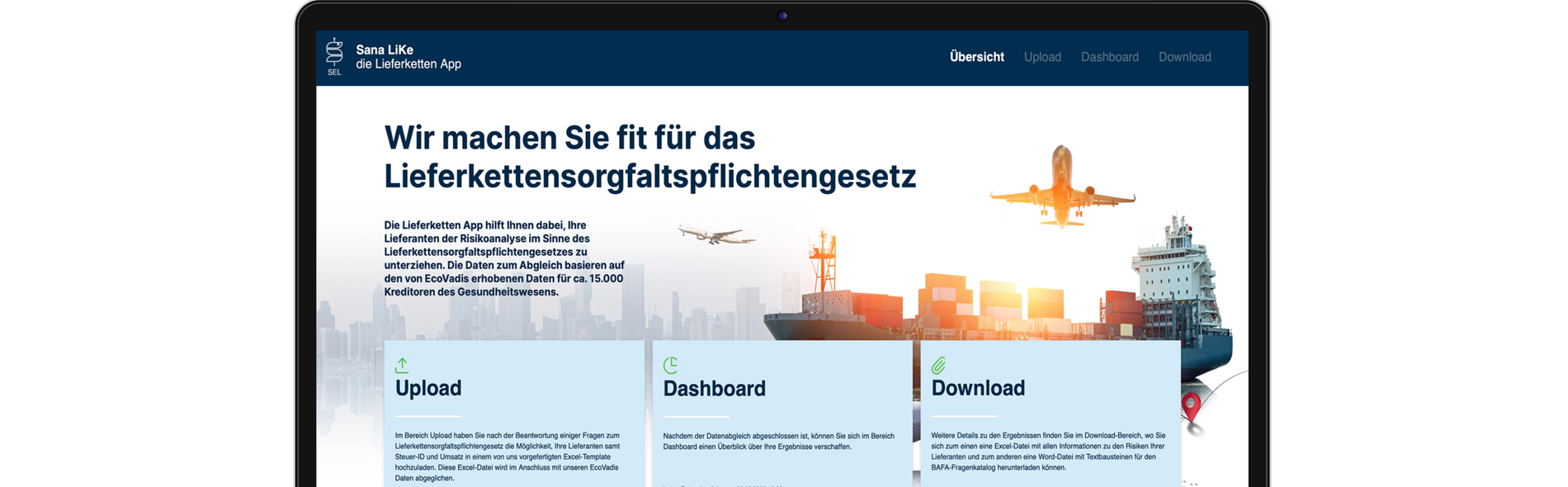 Foto eines Laptops, auf dem die Benutzeroberfläche der Sana LiKe App zu sehen ist.