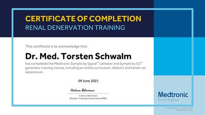 Abschlusszertifikat Renal Denervation Training Abbildung des Abschlusszertifikats Renal Denervation Training für Dr. Torsten Schwalm