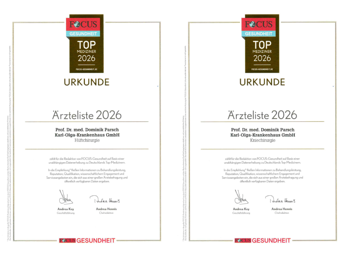 Urkunden Ärzteliste 2026 Prof. Parsch Hüft- und Kniechirurgie