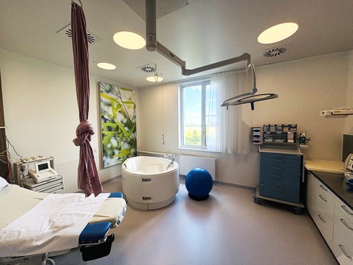 Kreißsaal 3 im Geburtszentrum Biberach, in grün gehalten, mit weißer Geburtswanne, blauem Pezziball sowie Ausblick ins Grüne 