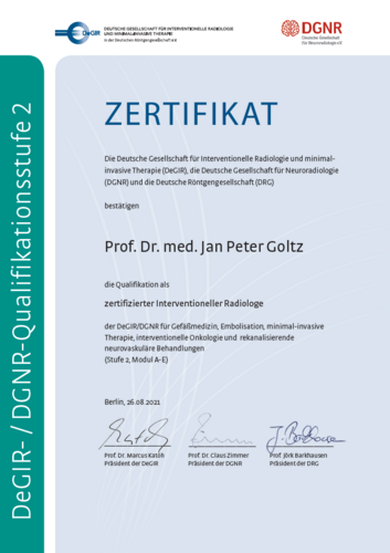 Zertifikat der Qualifikation zum interventionellen Radiologen der DeGIR/DGNR