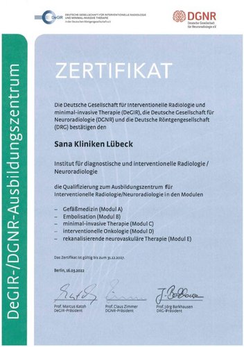 Qualifizierung zum Ausbildungszentrum für Interventionelle Radiologie/ Neuroradiologie