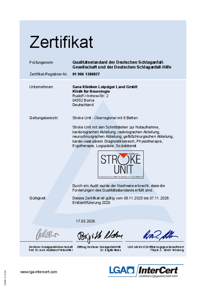 Zertifikat der Deutschen Schlaganfall-Gesellschaft und der Stiftung Deutsche Schlaganfall-Hilfe