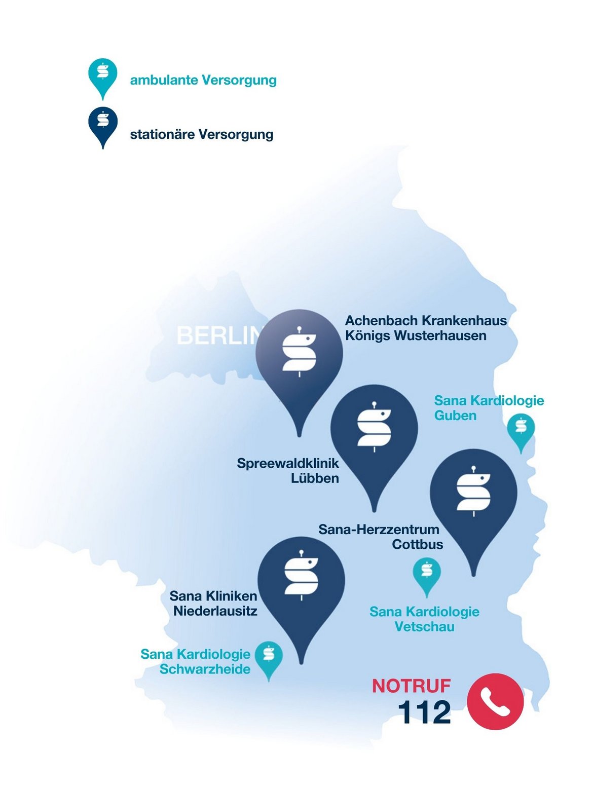 Die Karte zeigt die ambulanten und stationären Sana-Standorte der kardiologischen Versorgung in Südbrandenburg.